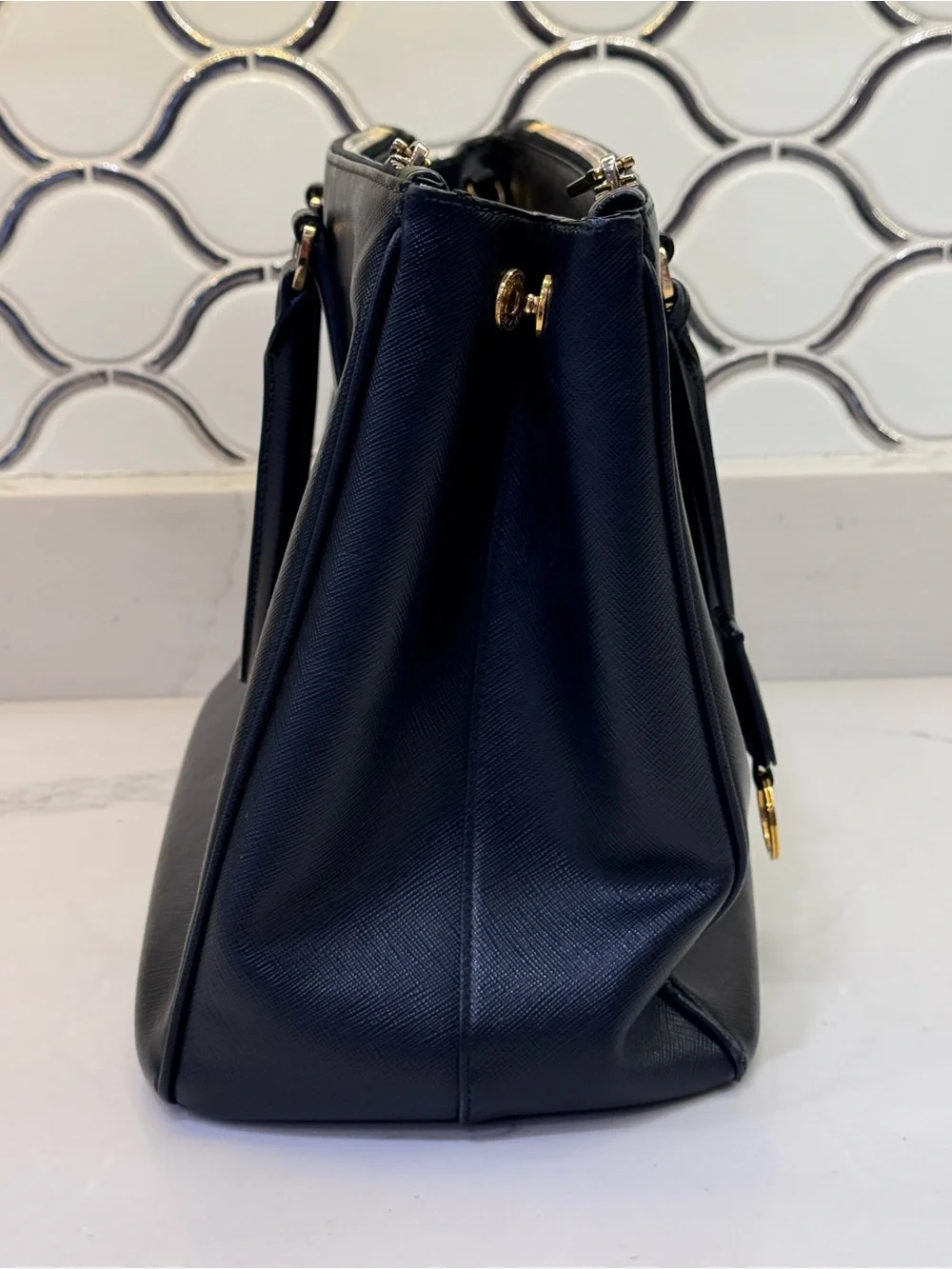 Authentic Prada Black Saffiano Leather Galleria Crossbody Bag with Gold Hardware